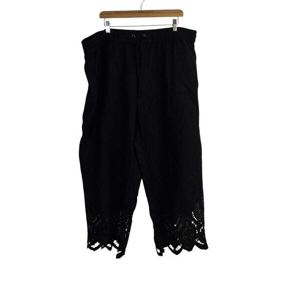 John Mark Women Floral Eyelet Pant Straight Leg Linen pull On Black Size 3X Plus - Picture 1 of 16